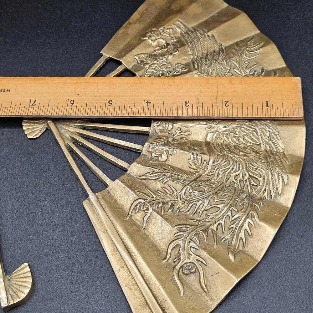Vintage ENESCO Solid Brass Phoenix Fan Wall Art Set of 2 Taiwan Chinoiserie